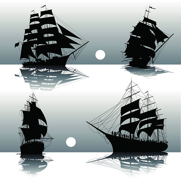 silhouetten von segeln schiffe - piratenschiff stock-grafiken, -clipart, -cartoons und -symbole