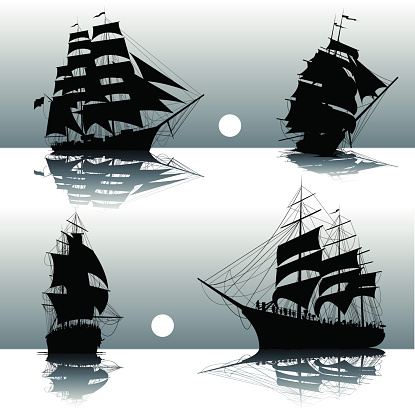 Sailing ships on the sea isolated. Vector illustration