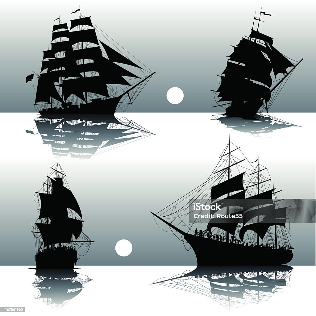 Silhouettes of sailing ships Sailing ships on the sea isolated. Vector illustration In Silhouette stock vector