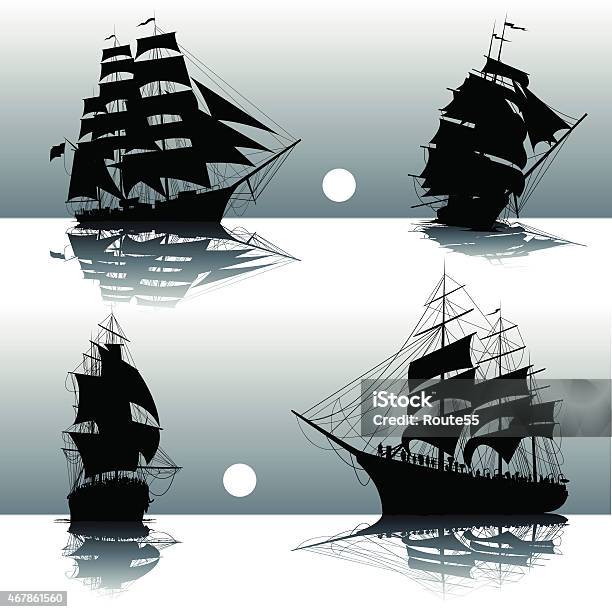 Silhouettes Of Sailing Ships Stock Illustration - Download Image Now - In Silhouette, Ship, Sailing Ship