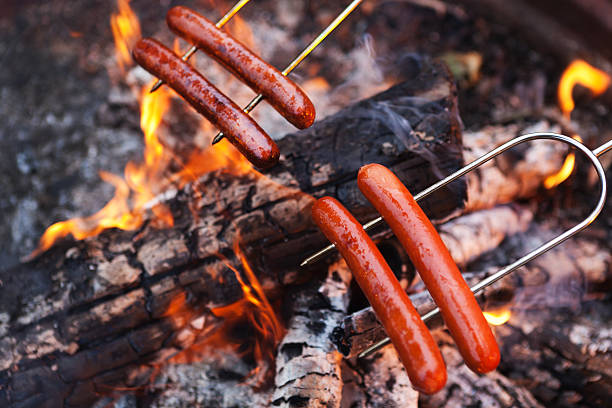 istock Hot Dogs Roasting on Open Fire in Outdoor Camping 467862738