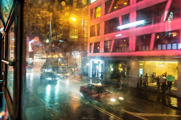 Street Under the Raina  abstraction,, Hong Kong.China,View the tram in the rain on the streets of Hong Kong, Nikon D3x