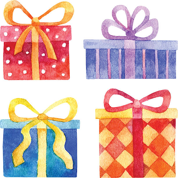 ilustraciones, imágenes clip art, dibujos animados e iconos de stock de acuarela conjunto de vectores de cajas de regalo - gift backgrounds bow cut out