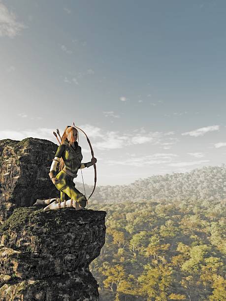 Blonde Female Elf Archer above the Forest Fantasy illustration of a blonde female elf archer with bow and arrows dressed in green and brown, kneeling on a rocky cliff and keeping watch above the forest, 3d digitally rendered illustration. outcrop stock pictures, royalty-free photos & images