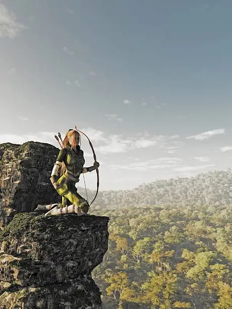 Fantasy illustration of a blonde female elf archer with bow and arrows dressed in green and brown, kneeling on a rocky cliff and keeping watch above the forest, 3d digitally rendered illustration.
