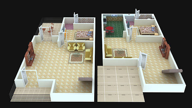 Interior plan36 for home ground floor and first floor- 3D 3D interior design for home (ground floor and first floor), with beautiful furnitures and flooring with black in background. the clinton foundation stock pictures, royalty-free photos & images