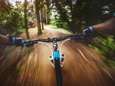 Point of view photograph of a mountain bike rider, pedaling fast in a single track immersed in the forest. The background looks blurred for the high speed of the action. Picture was taken with an action cam using a chesty mount.