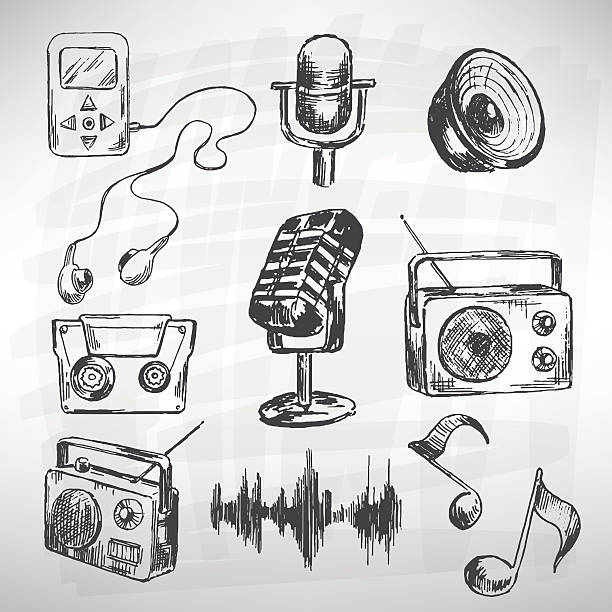 Music set Music vector set. Sketch converted to vectors. microphone drawings stock illustrations