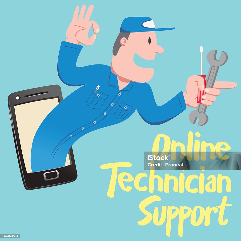 Online Technician support Smiling Technician guy with tools in his hand show up from black smartphone screen ready for help in blue background 2015 stock vector Online Technician support Smiling Technician guy with tools in his hand show up from black smartphone screen ready for help in blue background 2015 stock vector