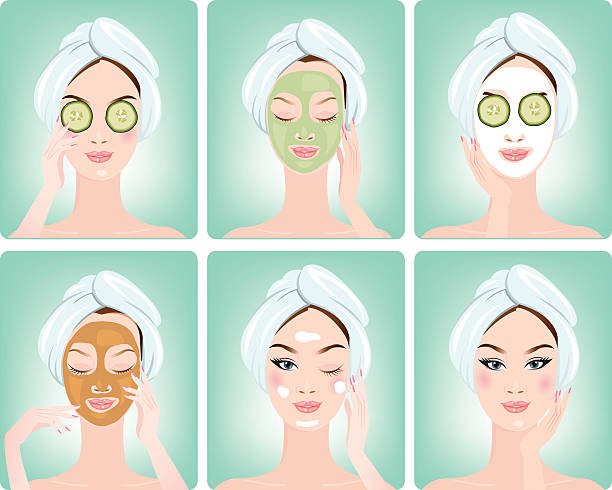 piękna kobieta z twarzy maska z plasterki ogórka na twarzy - cucumber human eye spa treatment health spa stock illustrations