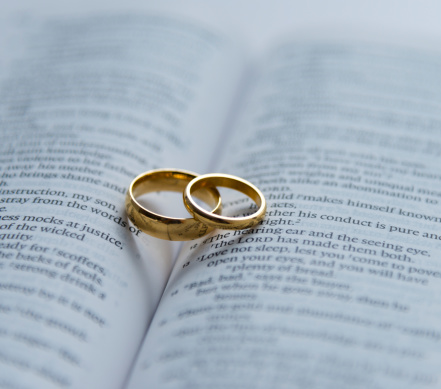 wedding rings on open bible.