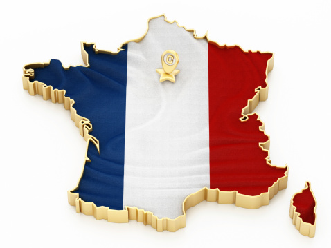 3D France map covered with French flag isolated on white. Clipping path is also included. Star icon with marker shows the capital city, Paris.