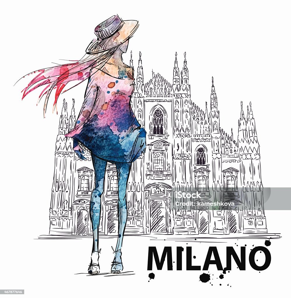 fashion sketch. Girl on a Milano Duomo  background fashion sketch. Girl on a Milano Duomo  background. Vector illustration EPS 10 Milan stock vector