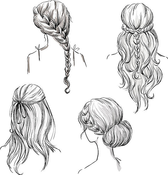 satz von verschiedenen frisuren akzentuiert. hand drawn. schwarz und weiß - frau von hinten zopf stock-grafiken, -clipart, -cartoons und -symbole