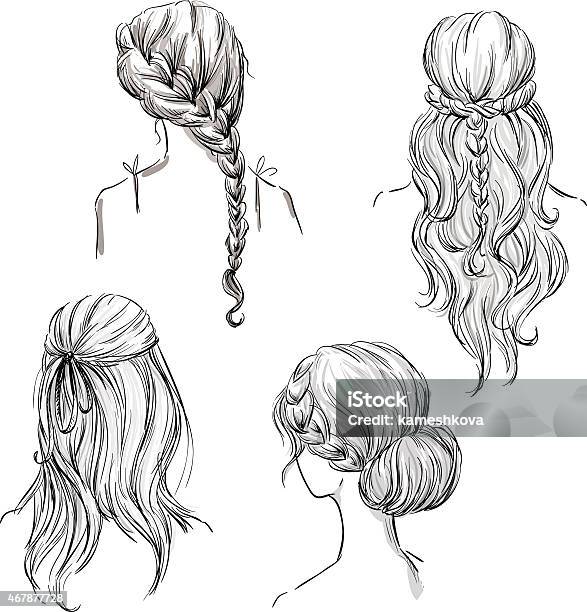 Set Of Different Hairstyles Hand Drawn Black And White Stock Illustration - Download Image Now