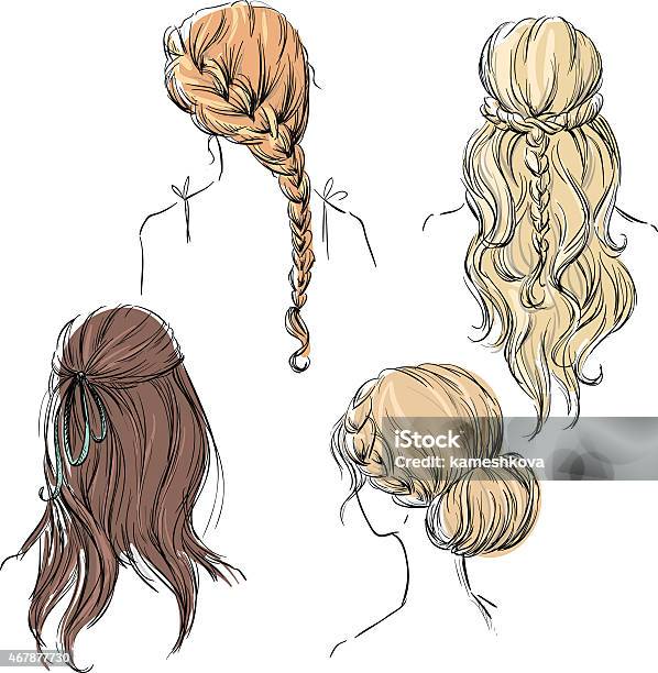 Set Of Different Hairstyles Hand Drawn Stock Illustration - Download Image Now - Braided Hair, Rear View, Women