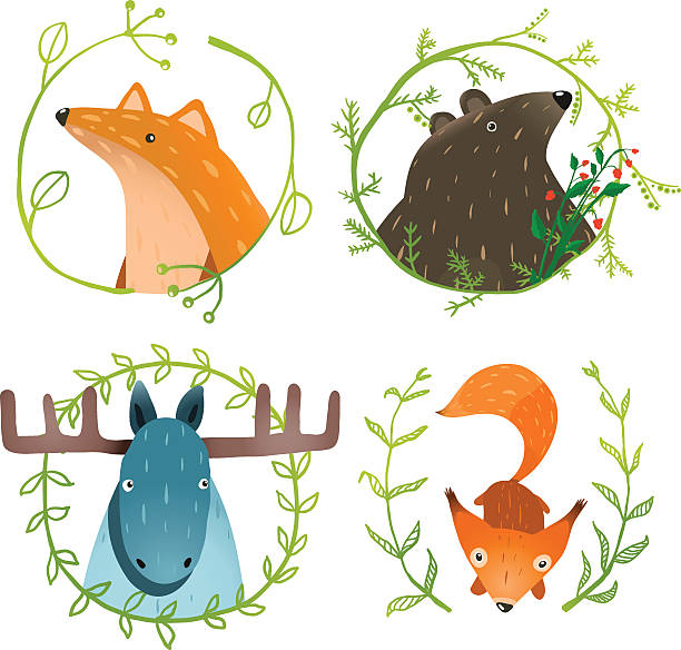 Wild Forest Animals Set Forest animals portraits set with laurels on white background. Vector EPS10. how to draw a moose drawing stock illustrations