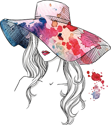 Sketch of a girl in a hat. Fashion illustration. Hand drawn, vector EPS 10