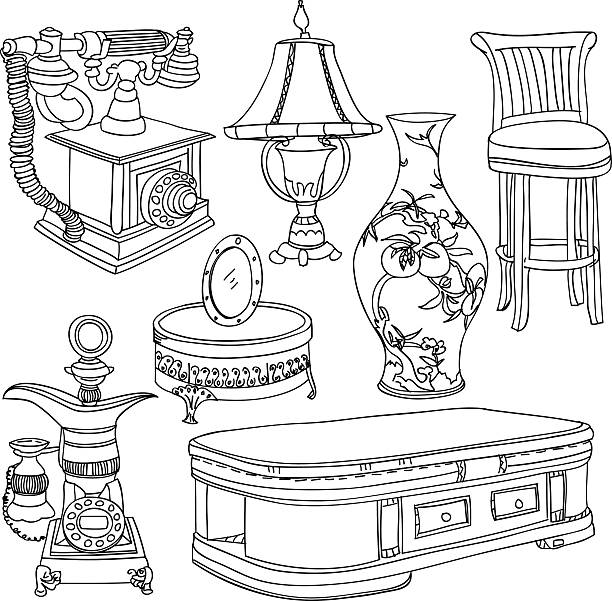 ilustrações, clipart, desenhos animados e ícones de coleção de móveis de época. - office chair chair furniture scribble