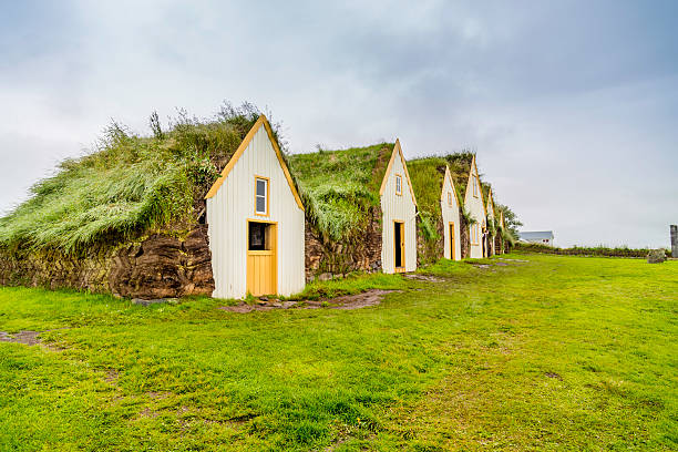 Turf Houses Traditional Icelandic Turf Houses in West Iceland sod roof stock pictures, royalty-free photos & images