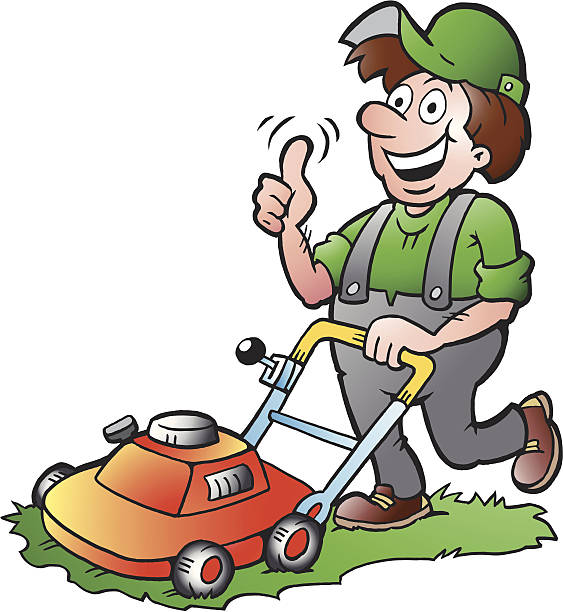 Hand-drawn Vector illustration of an happy Gardener with his lawnmower Hand-drawn Vector illustration of an happy Gardener with his lawnmower lawn mower clip art stock illustrations