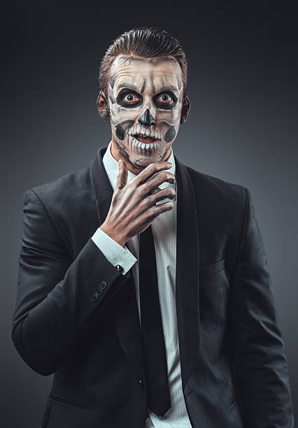 istock Surprised businessman with a makeup  skeleton 467899078