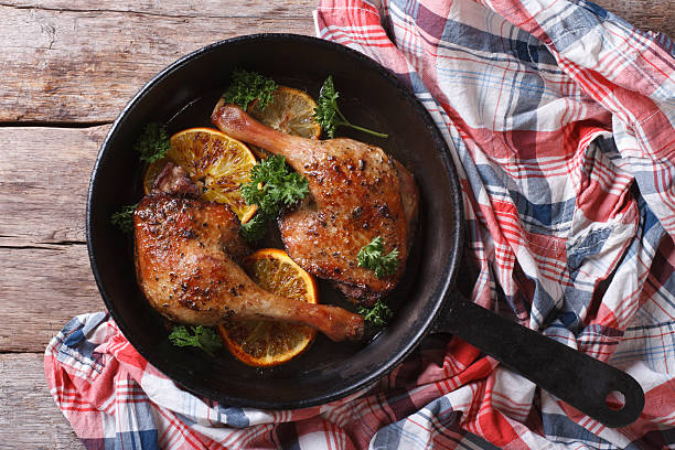 istock Appetizing roasted duck leg in a pan top view, horizontal 467899120