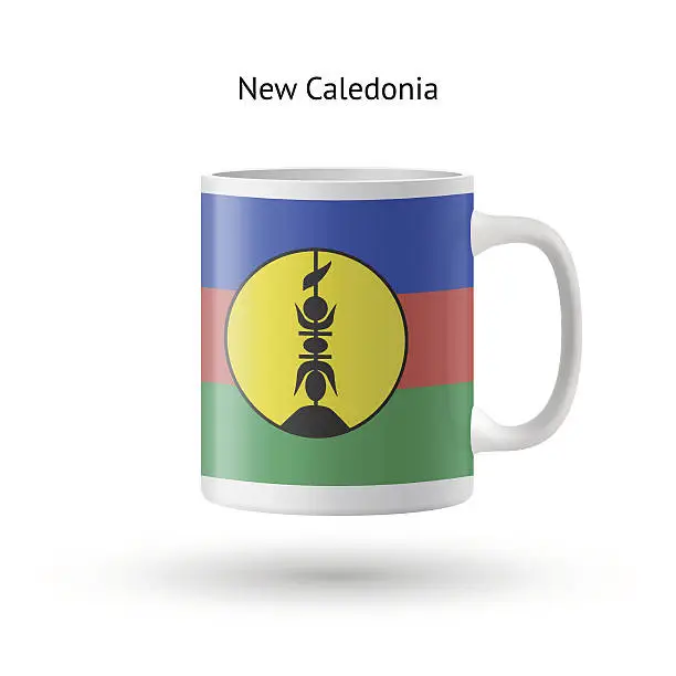 Vector illustration of New Caledonia flag souvenir mug on white background.