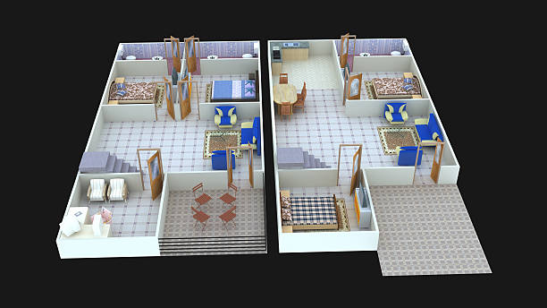 Interior plan27 for home ground floor and first floor- 3D 3D interior design for home (ground floor and first floor), with beautiful furnitures and flooring with black in background. the clinton foundation stock pictures, royalty-free photos & images