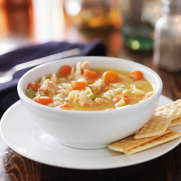 hot plato de sopa de pollo con fideos - soup chicken soup chicken noodle soup food fotografías e imágenes de stock