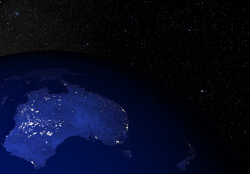 Extremely detailed render using the latest NASA imagery of the Earth at night. Stars in the background. Other orientations available.