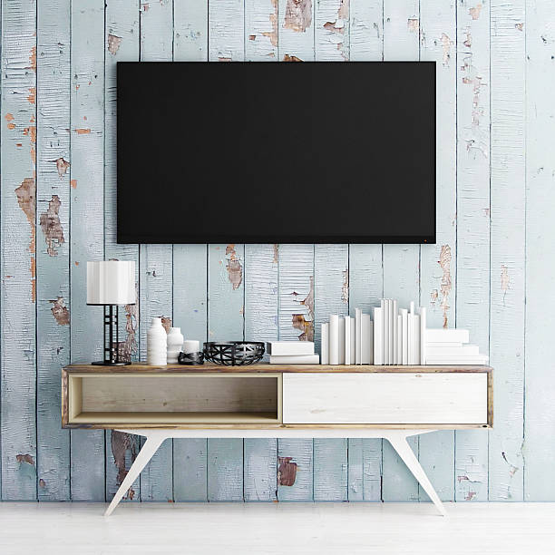 モックテレビを、木製の壁、3 d illustration - television flat screen plasma high definition television ストックフォト��と画像