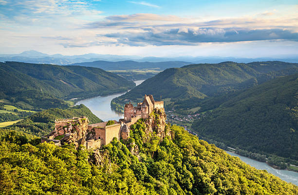 Wachau valley with castle ruin at sunset, Austria Beautiful landscape with Aggstein castle ruin and Danube river at sunset in Wachau, Austria. austrian culture photos stock pictures, royalty-free photos & images