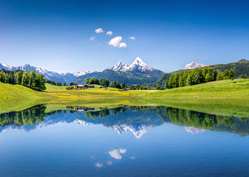 Idyllic summer landscape with clear mountain lake in the Alps.