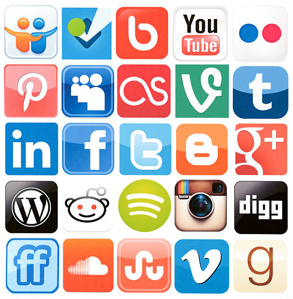 Social Media logos & icons İstanbul, Turkey - February 5, 2014: Popular social media icons, including Facebook, Foursquare, Vine, Instagram, Youtube, Flickr, Pinterest, MySpace, Tumblr, bebop, Twitter, Blogger, Google Plus, Vimeo, WordPress, LinkedIn, Spotify on white paper. Flickr stock pictures, royalty-free photos & images