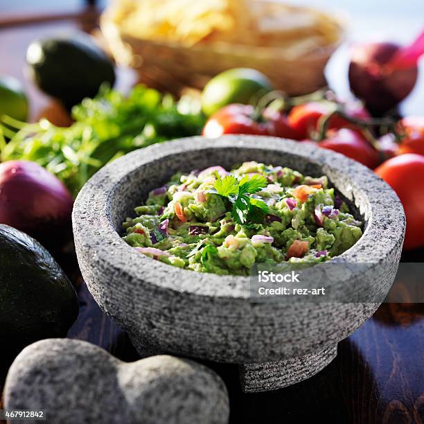 Mexican Guacamole In Stone Molcajete Stock Photo - Download Image Now - Guacamole, 2015, Accuracy