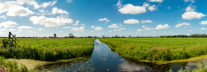 See Through panorama of polder under sea level. Typical Dutch South part of Holland flat landscape with intense  cloudscapes in letterbox format