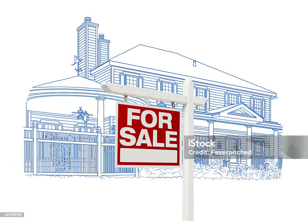 Custom House and Sale Real Estate Sign Drawing on White Custom House and For Sale Real Estate Sign Drawing on White Background. For Sale Sign Stock Photo