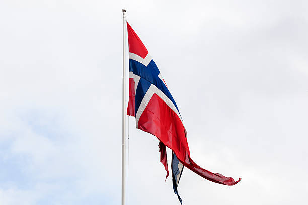 istock Norwegian state and war flag in red white and blue. 467922182