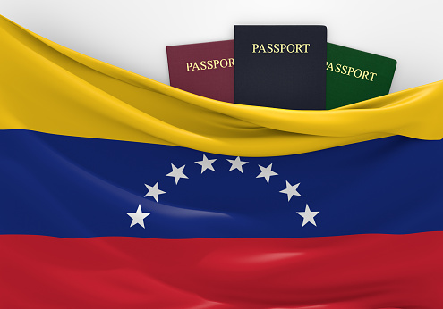 Venezualan flag and three passports in different colors, representing travel to and from the country.