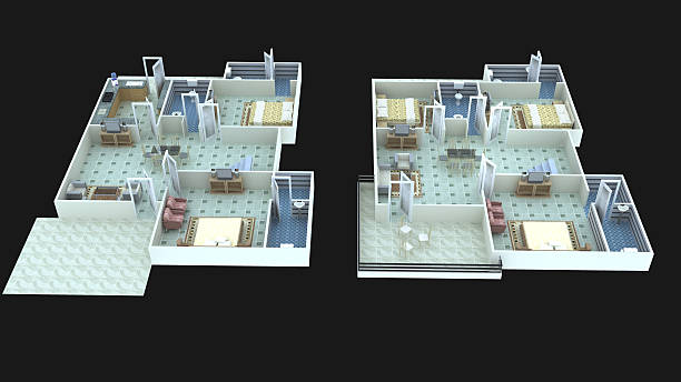 Interior plan10 for home ground floor and first floor- 3D 3D interior design for home (ground floor and first floor), with beautiful furnitures and flooring with black in background. the clinton foundation stock pictures, royalty-free photos & images