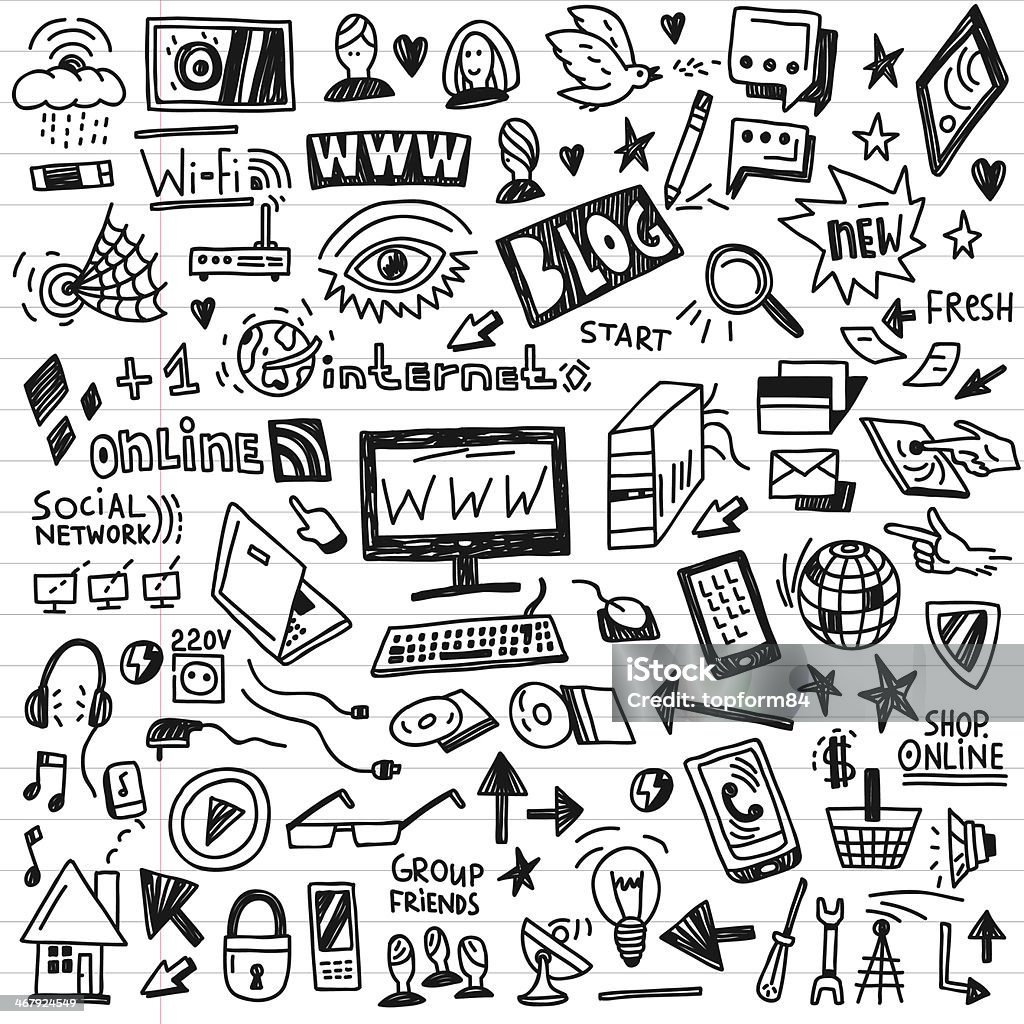 Arrangement of black and white web doodles on white paper web,social media, devices - doodles set Drawing - Activity stock vector