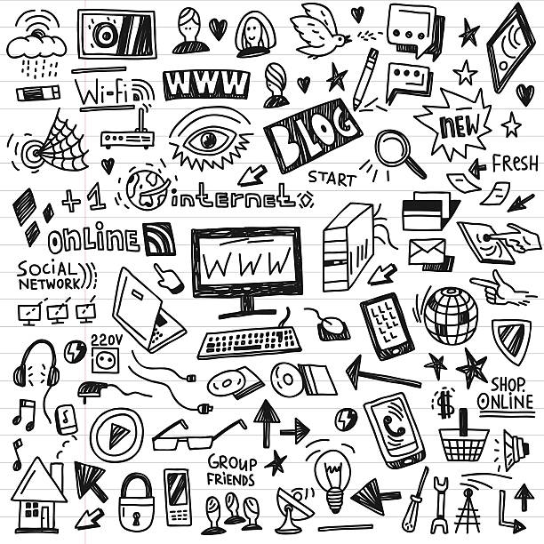 Arrangement of black and white web doodles on white paper web,social media, devices - doodles set laptop patterns stock illustrations