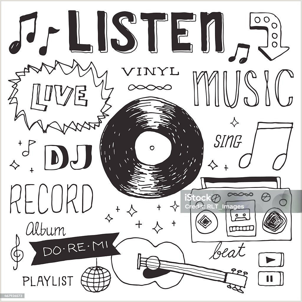 Music Doodles 1 — Vector Elements Music-themed text and graphics in hand-drawn doodle style. Easy-to-edit vector elements. Record - Analog Audio stock vector