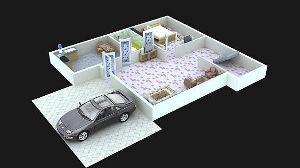 Interior plan6 for home ground floor - 3D 3D interior design for home (ground floor), with car beautiful furnitures and flooring and having hall,bedroom,kitchen, and parking with black in background. the clinton foundation stock pictures, royalty-free photos & images