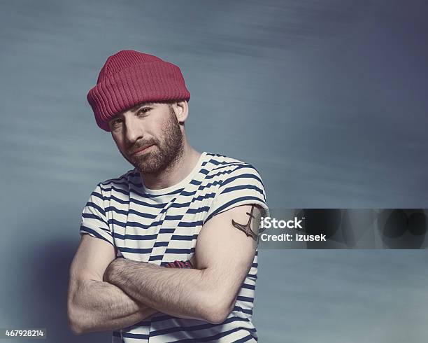 Bearded Sailor Man Wearing Striped Tshirt And Wool Cap Stock Photo - Download Image Now