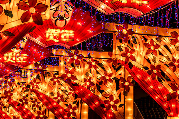 Novi Sad, Serbia - February 15,2021: Chinese Lunar New year decorations in Novi Sad, Serbia. Traditional lamps from China's Lantern Festival. Chinese fish Lanterns