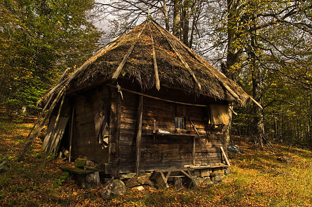 istock Wooden mountain hut at sunny autumn day 467932454