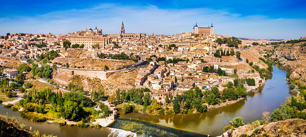 Panoramic view of the historic city of Toledo with river Tajo in Castile-La Mancha, Spain