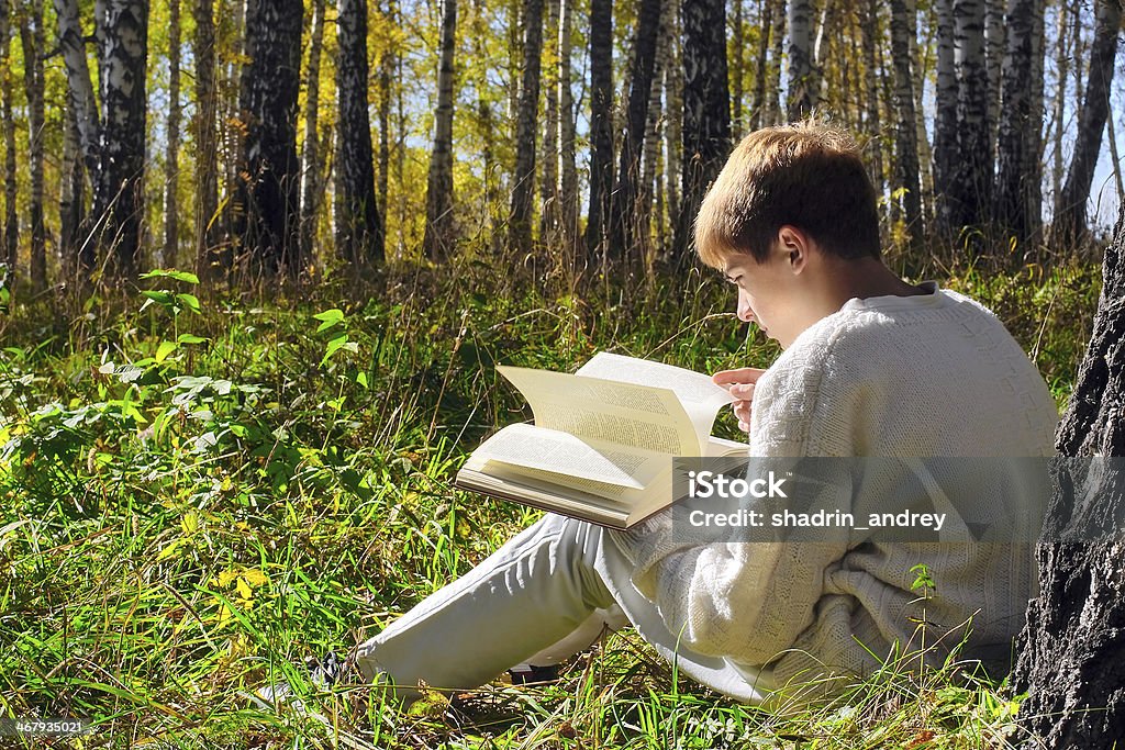 reading teenager reading boy sit in autumn forest with a book Adolescence Stock Photo